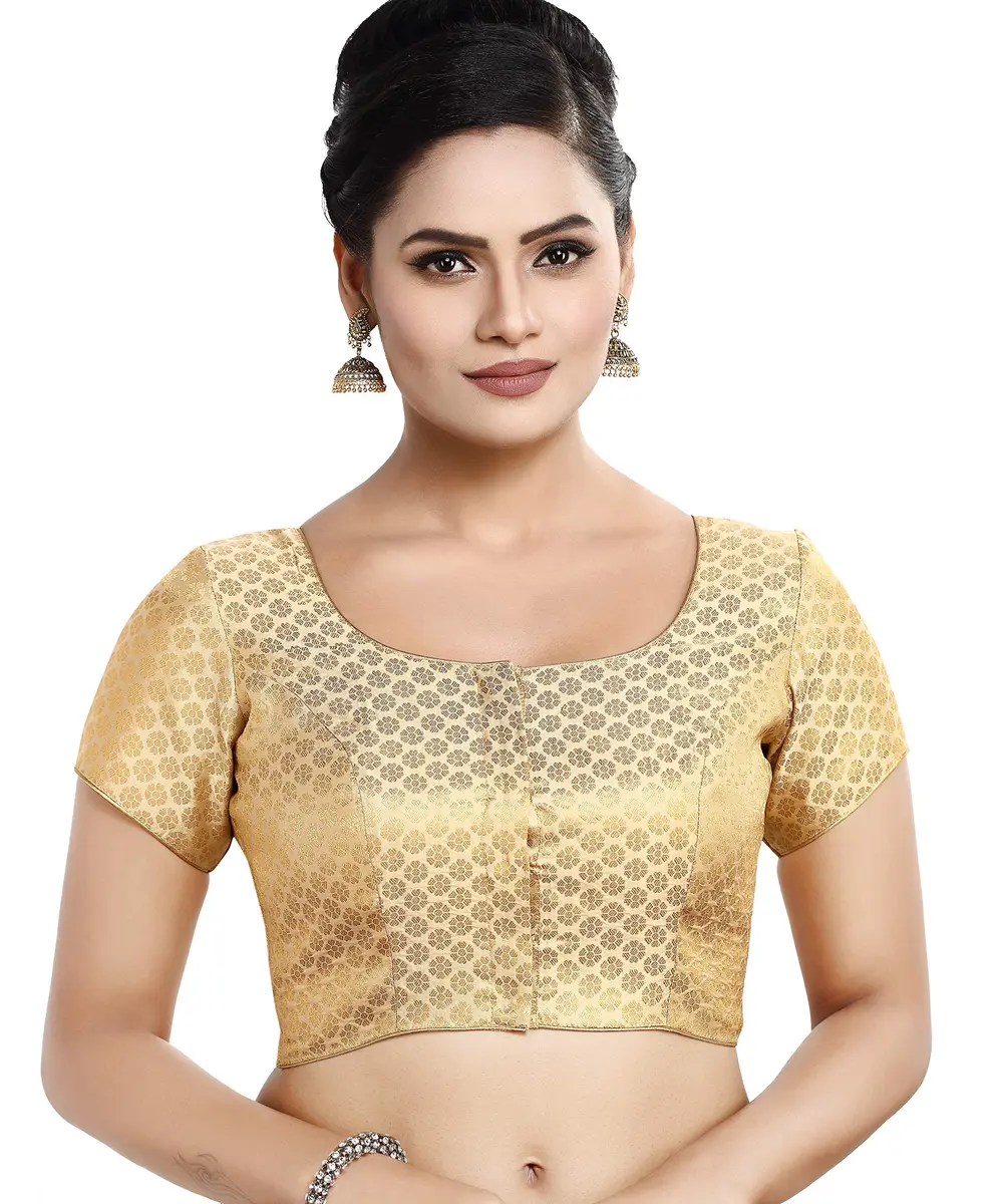 Madhu Fashion Women's Banaras Brocade Readymade Saree Blouse 40 (101.6 cm) Gold | Short Sleeve Round Neck Ceremony Blouse - main product image