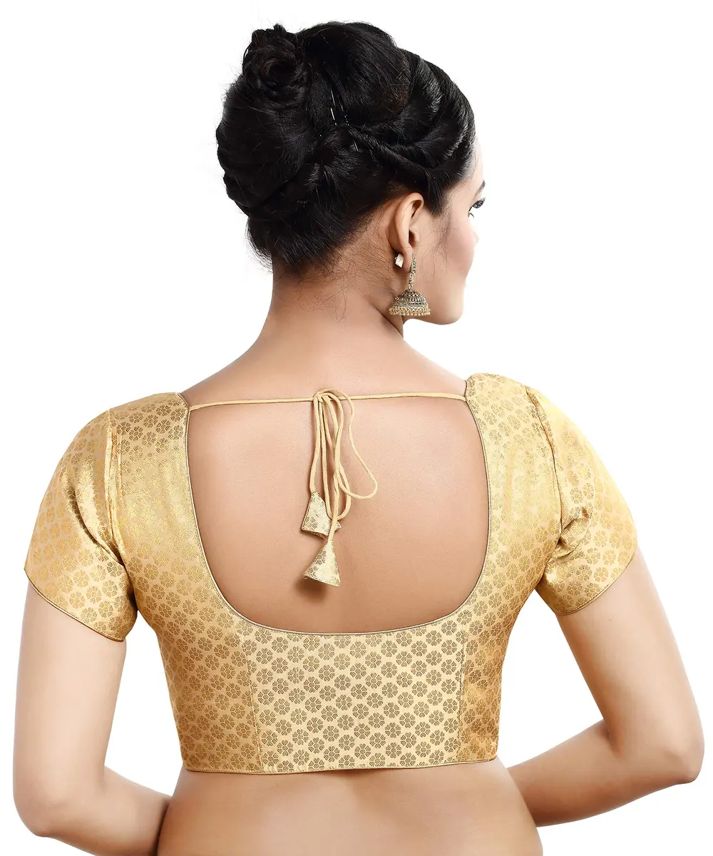 Madhu Fashion Women's Banaras Brocade Readymade Saree Blouse 40 (101.6 cm) Gold | Short Sleeve Round Neck Ceremony Blouse - view 2