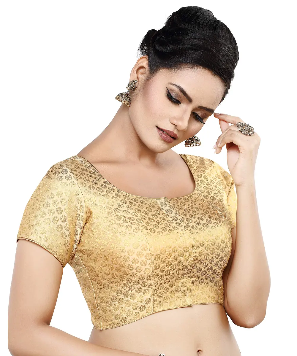 Madhu Fashion Women's Banaras Brocade Readymade Saree Blouse 40 (101.6 cm) Gold | Short Sleeve Round Neck Ceremony Blouse - view 3
