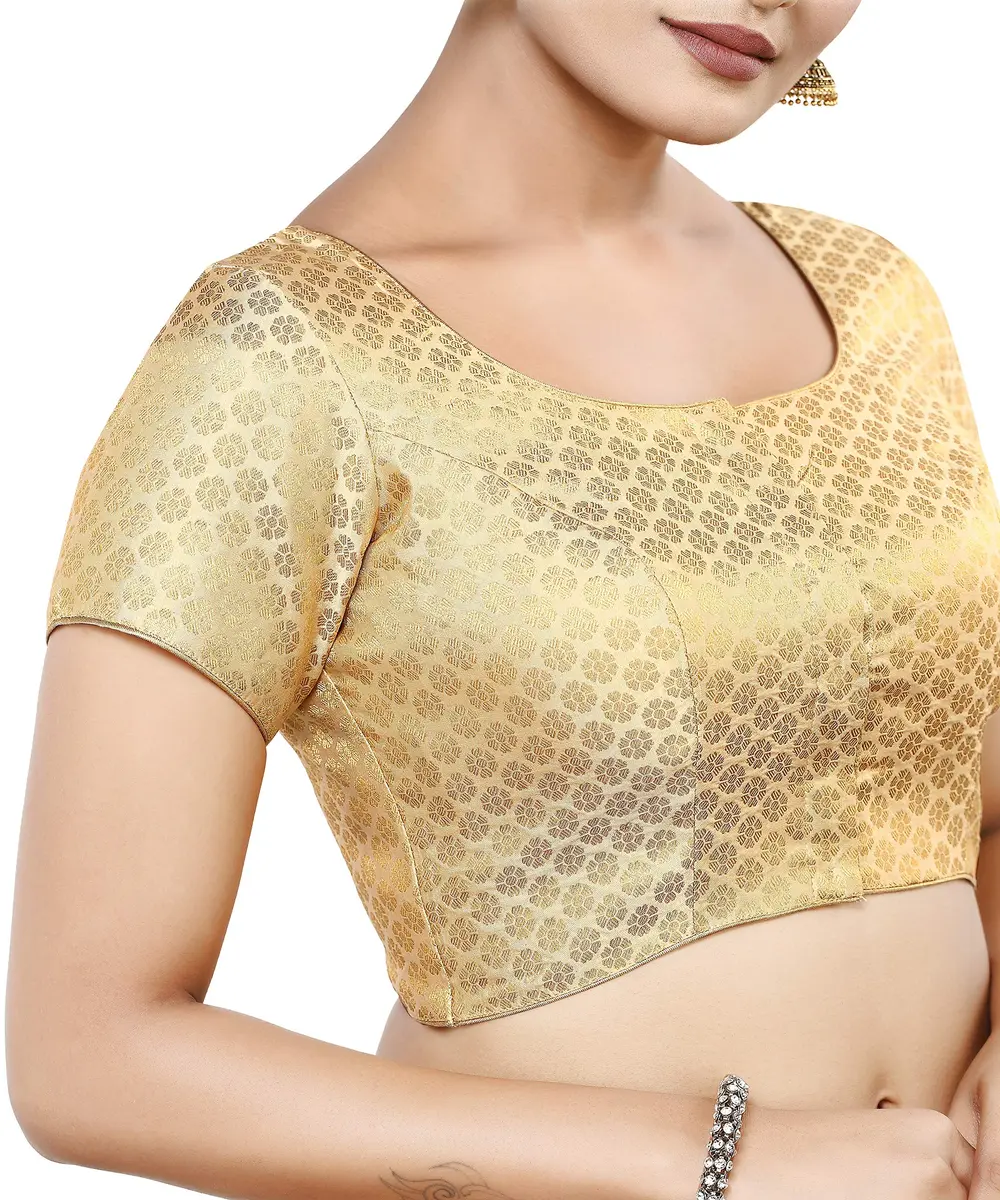 Madhu Fashion Women's Banaras Brocade Readymade Saree Blouse 40 (101.6 cm) Gold | Short Sleeve Round Neck Ceremony Blouse - view 4