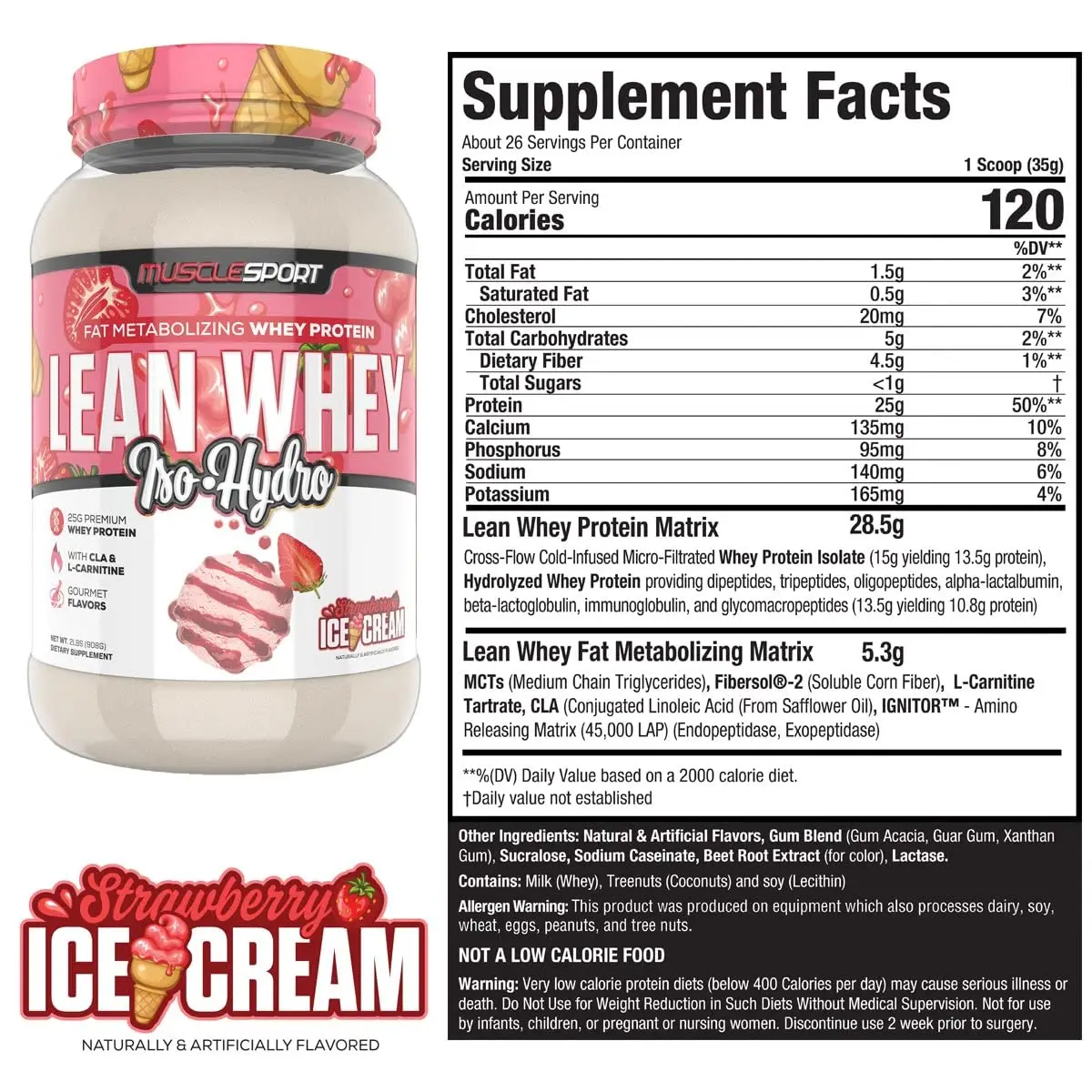 Musclesport Lean Whey Revolution™ Protein Powder - Whey Protein Isolate - 25g Protein per Scoop (2LB, Strawberry) - view 2