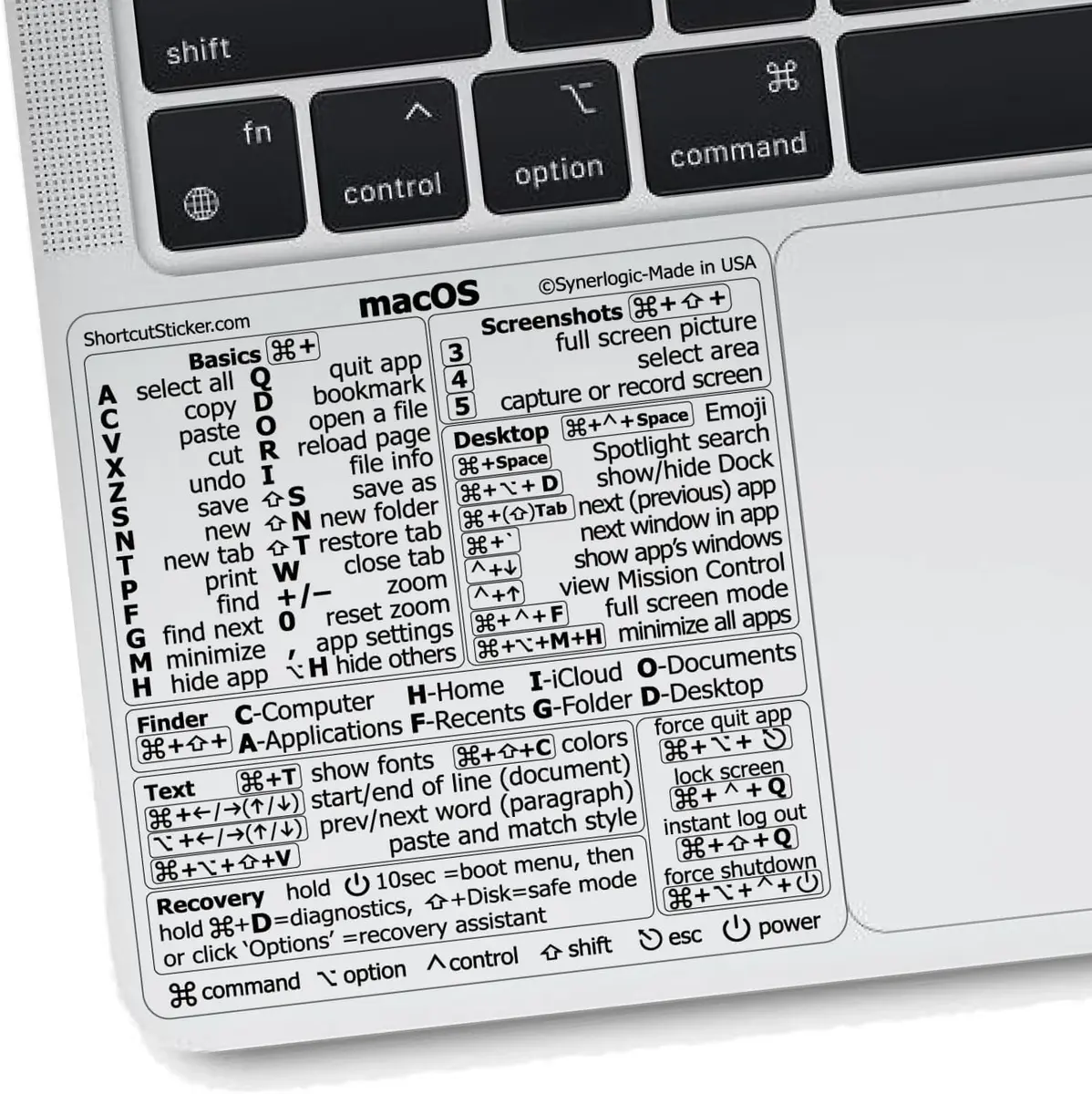Synerlogic Mac OS Shortcuts Sticker for MacBook Air/Pro | Laminated Vinyl Keyboard Cheatsheet | macOS Commands (Clear/Black) - main product image