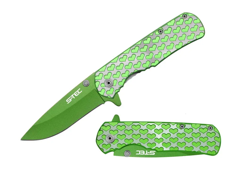 S-TEC 8" Valentine's Hearts Spring Assisted Folding Pocket Knife | Drop Point Blade, Green, Full Edge, Reusable - main product image