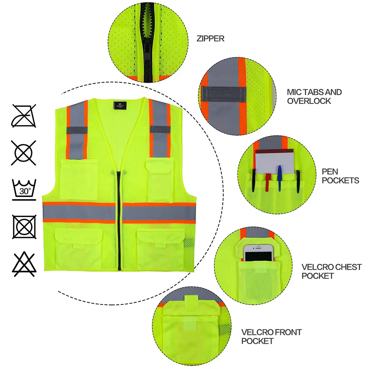 VENDACE Hi Vis Safety Reflective Mesh Vest for Men ANSI Class 2 High Visibility Vest with 8 Pockets and Zipper (Yellow, XL) - view 5