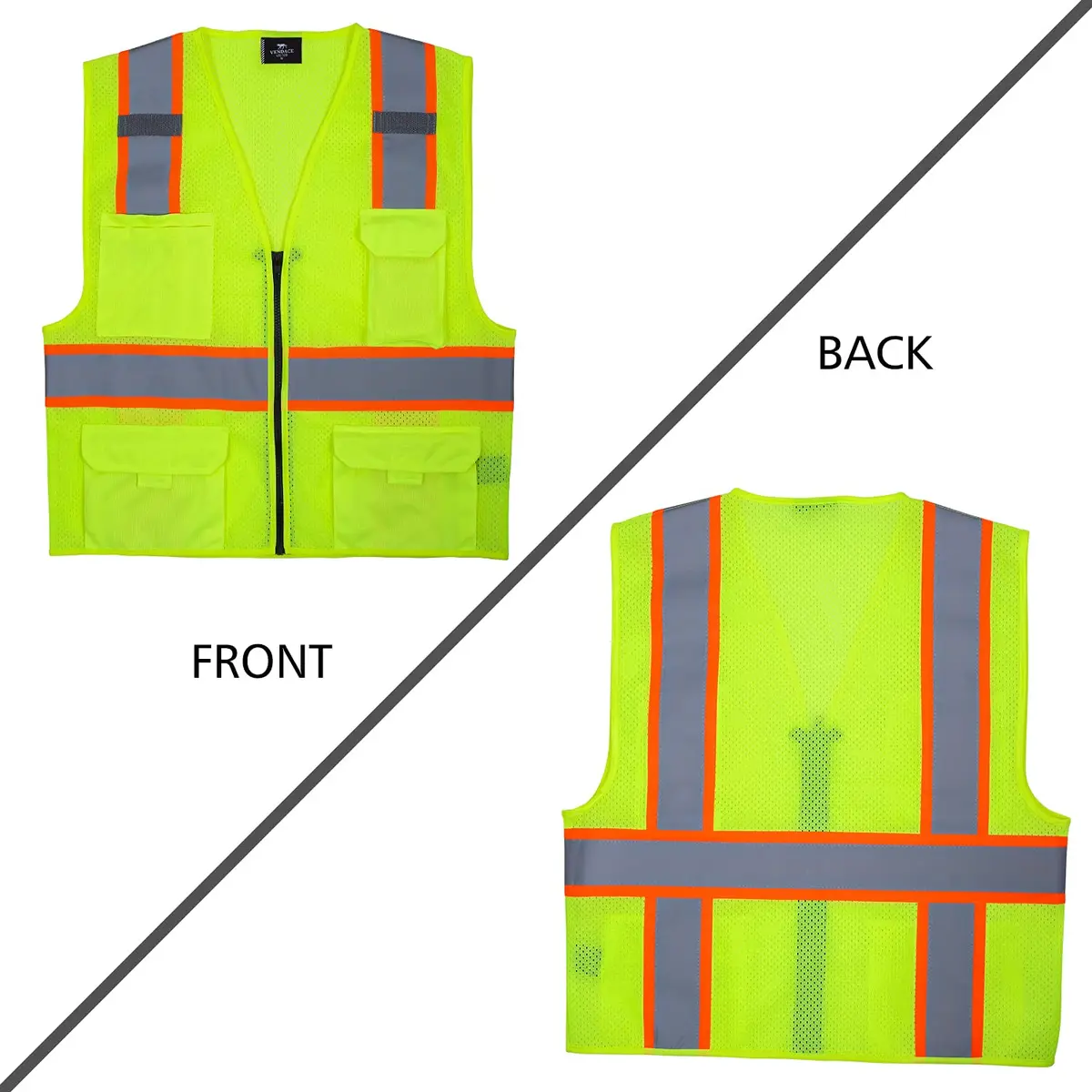 VENDACE Hi Vis Safety Reflective Mesh Vest for Men ANSI Class 2 High Visibility Vest with 8 Pockets and Zipper (Yellow, XL) - view 2