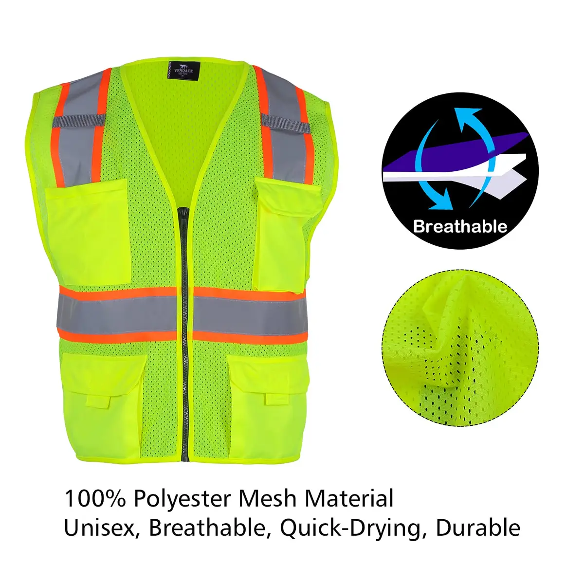 VENDACE Hi Vis Safety Reflective Mesh Vest for Men ANSI Class 2 High Visibility Vest with 8 Pockets and Zipper (Yellow, XL) - view 3