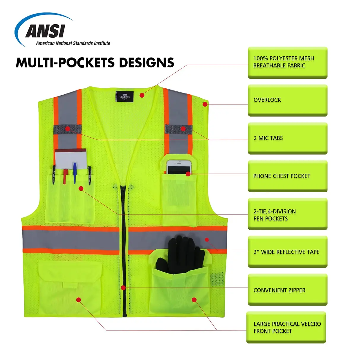 VENDACE Hi Vis Safety Reflective Mesh Vest for Men ANSI Class 2 High Visibility Vest with 8 Pockets and Zipper (Yellow, XL) - view 4