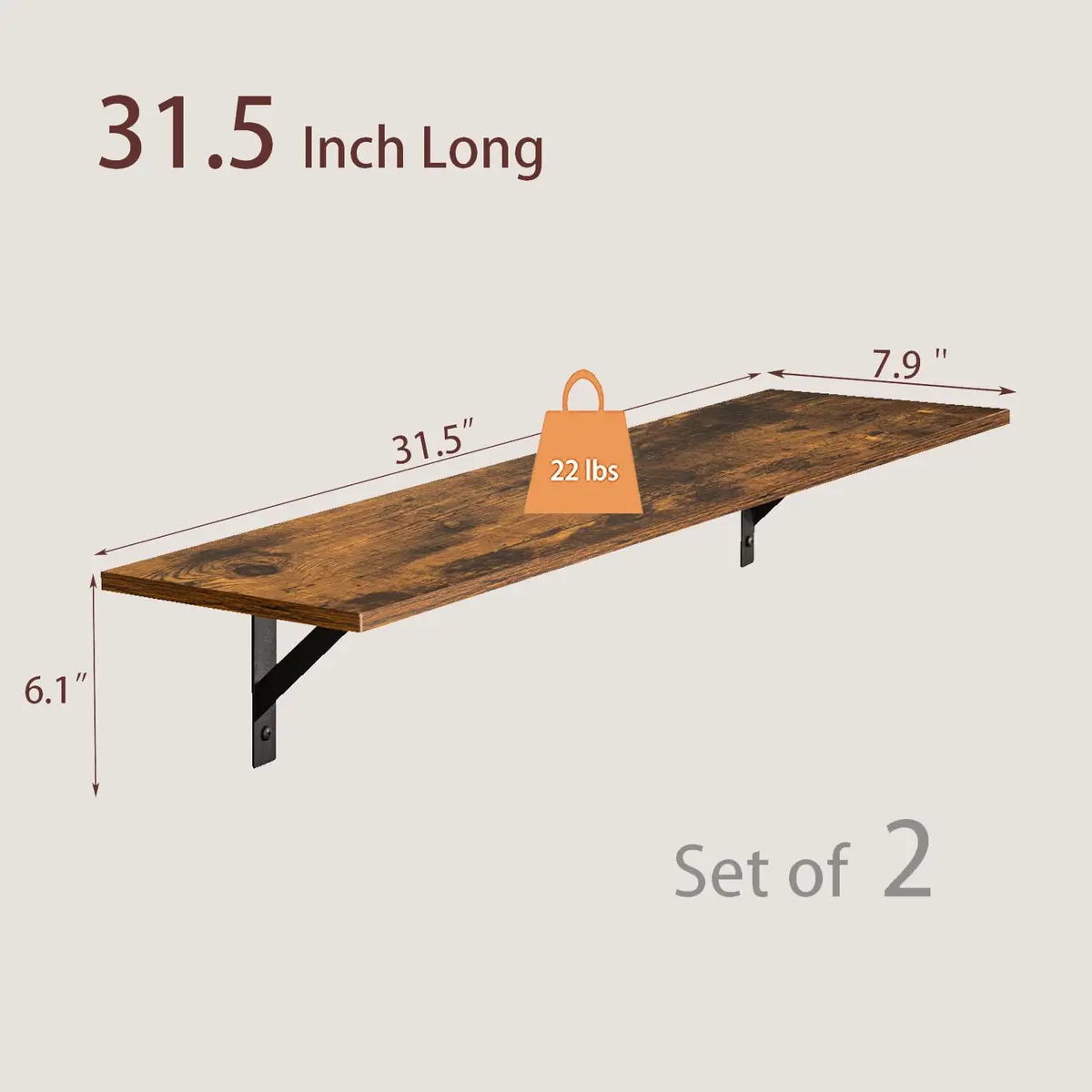 DINZI LVJ Long Wall Shelves 31.5" Rustic Brown | Space-Saving Wall Storage - view 9