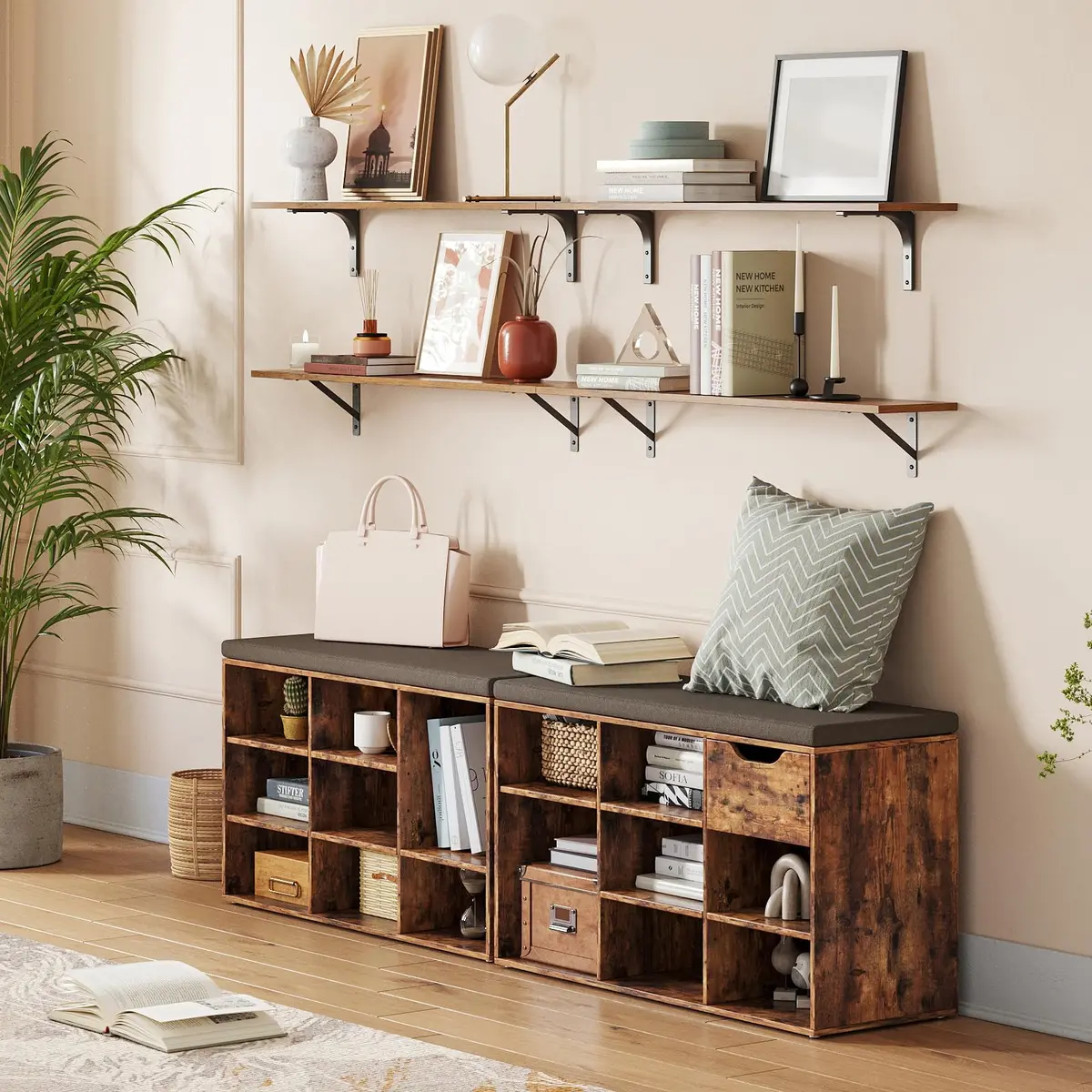 DINZI LVJ Long Wall Shelves 31.5" Rustic Brown | Space-Saving Wall Storage - view 2