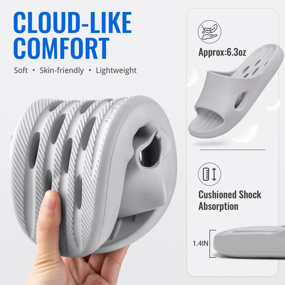 Aoowoll Shower Shoes for Men & Women, Non Slip Quick-Dry Slides, Grey EU42 | Waterproof, Anti-Slip, Lightweight - view 6