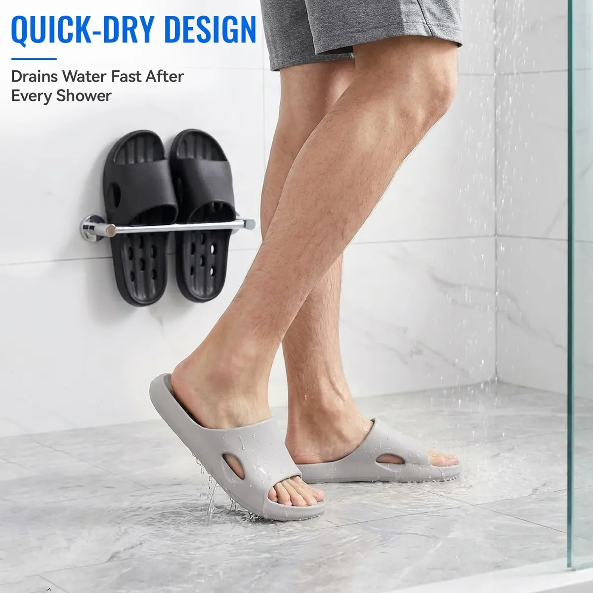 Aoowoll Shower Shoes for Men & Women, Non Slip Quick-Dry Slides, Grey EU42 | Waterproof, Anti-Slip, Lightweight - view 3