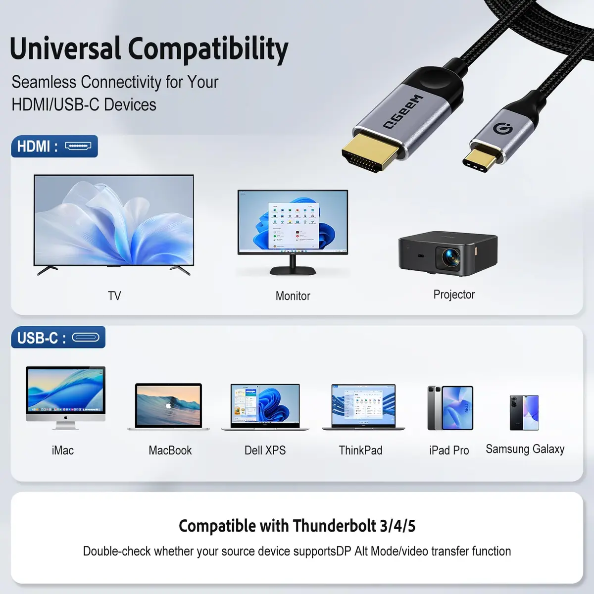 QGeeM USB C to HDMI 4K Cable 10FT | Thunderbolt 3/4/5 Compatible, 4K@30Hz, Braided Nylon, Aluminum Heat Dissipation - view 4