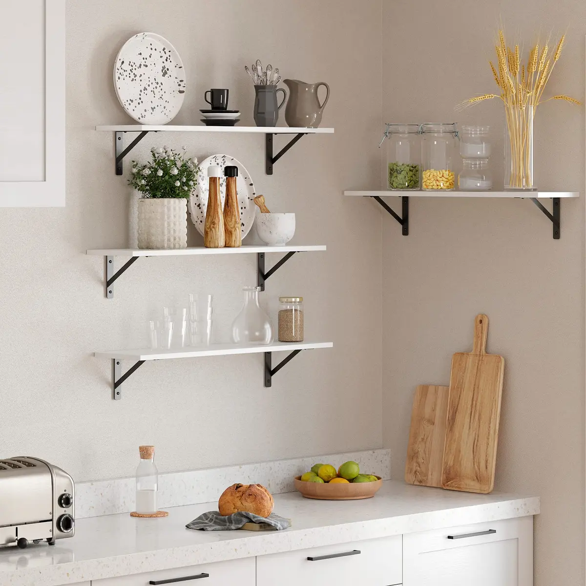 DINZI LVJ Large White Floating Wall Shelf | Modern Minimalist Wall Storage with Metal Brackets - view 5