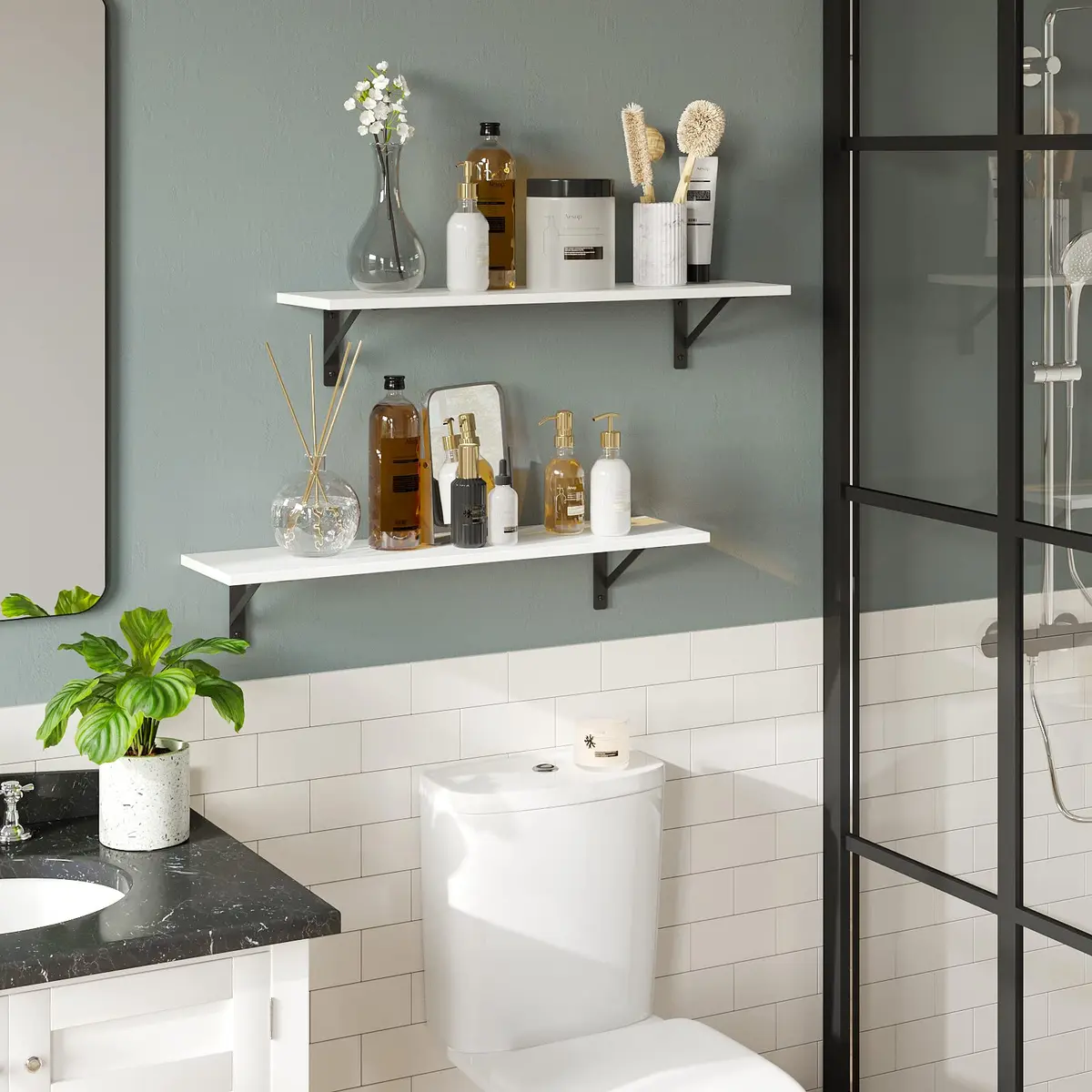 DINZI LVJ Large White Floating Wall Shelf | Modern Minimalist Wall Storage with Metal Brackets - view 6