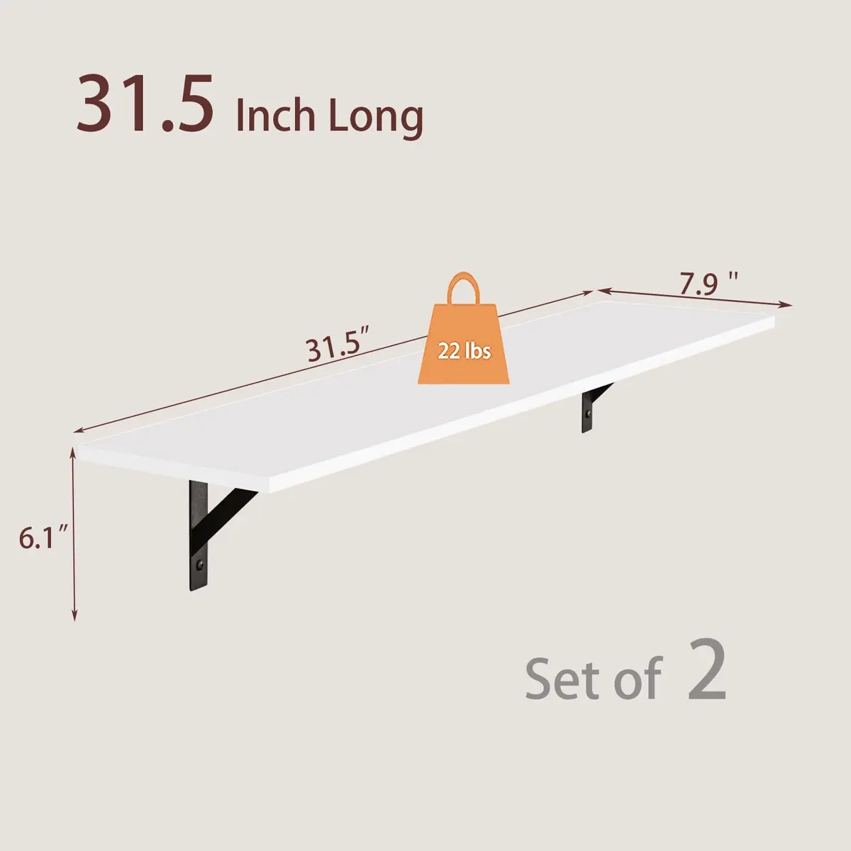 DINZI LVJ Large White Floating Wall Shelf | Modern Minimalist Wall Storage with Metal Brackets - view 2