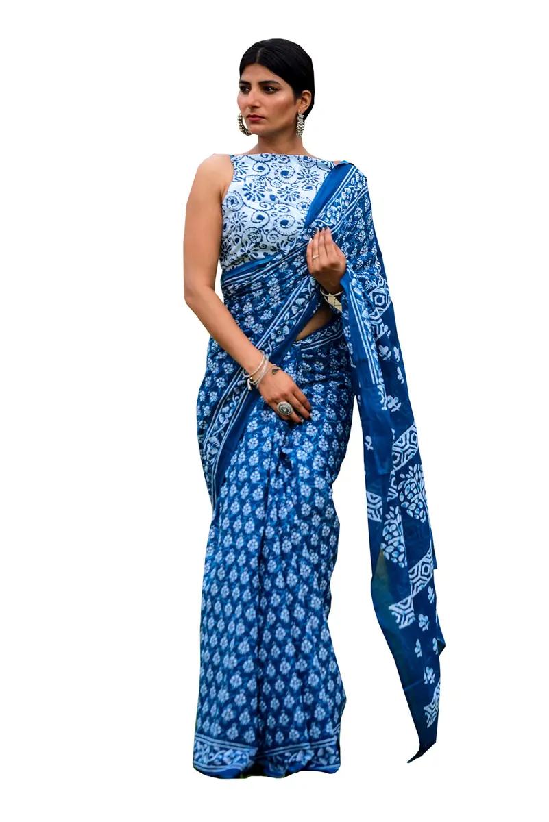 Kiaaron Handicrafts Ikat Hand Block Print Cotton Mulmul Saree with Blouse Piece 6.5 Meters | Authentic Jaipuri Print - main product image