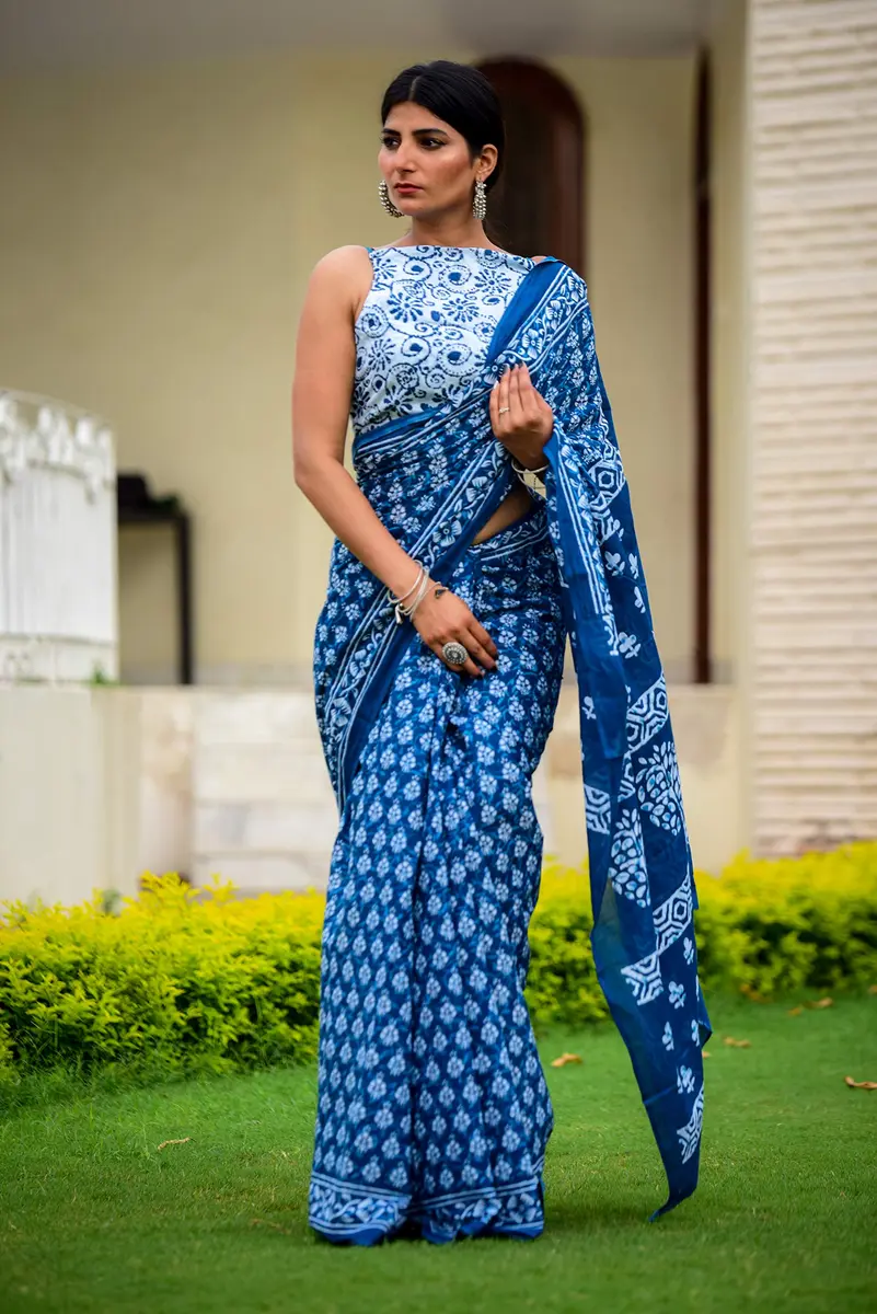 Kiaaron Handicrafts Ikat Hand Block Print Cotton Mulmul Saree with Blouse Piece 6.5 Meters | Authentic Jaipuri Print - view 2