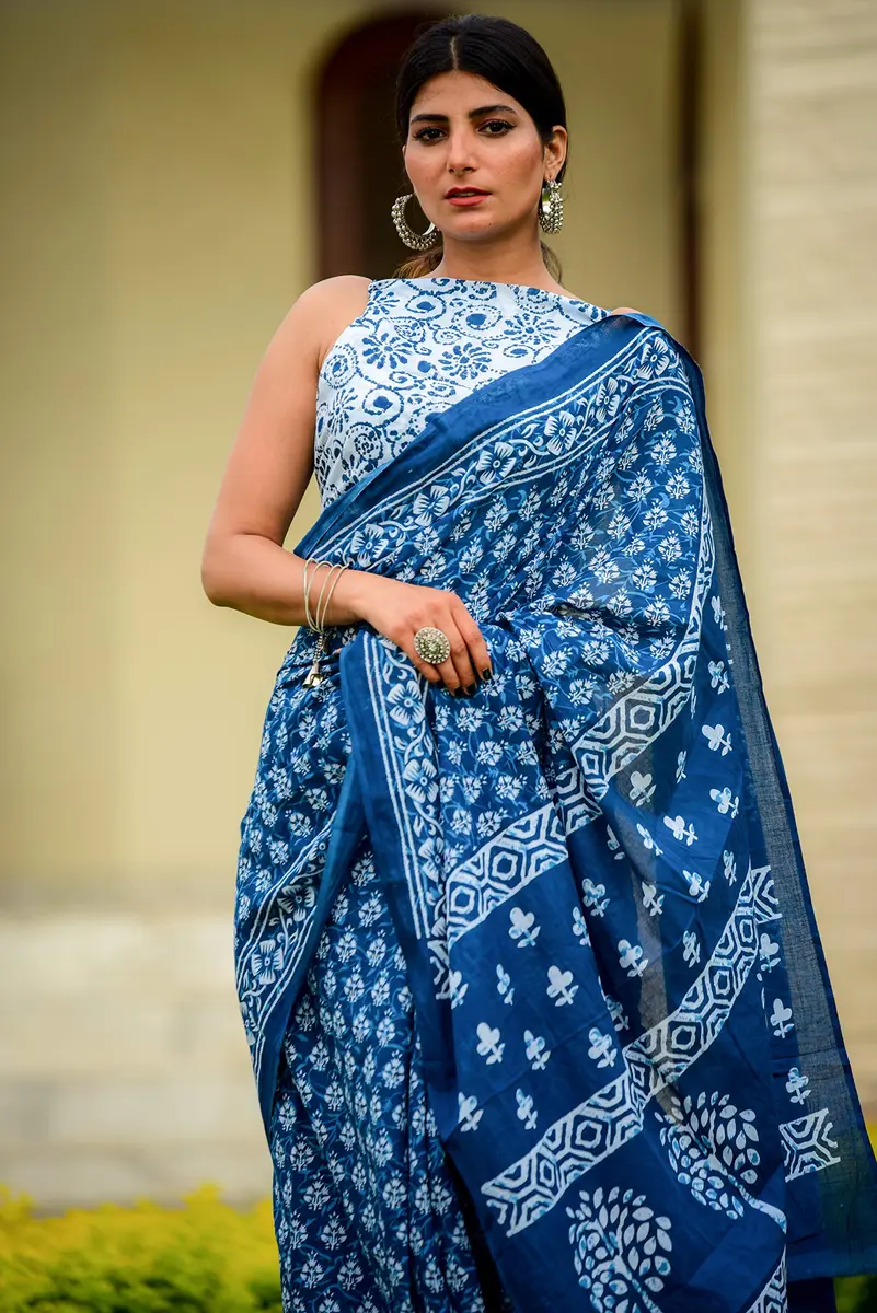 Kiaaron Handicrafts Ikat Hand Block Print Cotton Mulmul Saree with Blouse Piece 6.5 Meters | Authentic Jaipuri Print - view 3