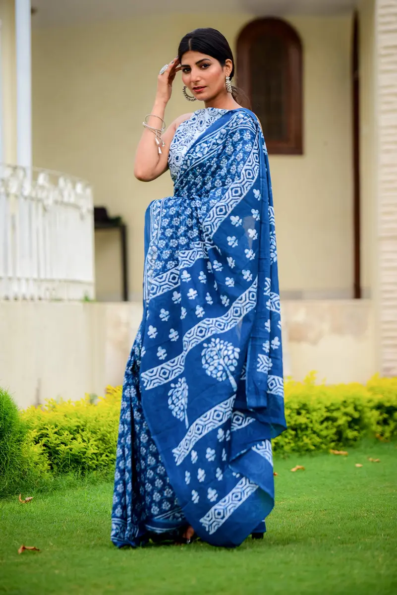 Kiaaron Handicrafts Ikat Hand Block Print Cotton Mulmul Saree with Blouse Piece 6.5 Meters | Authentic Jaipuri Print - view 4