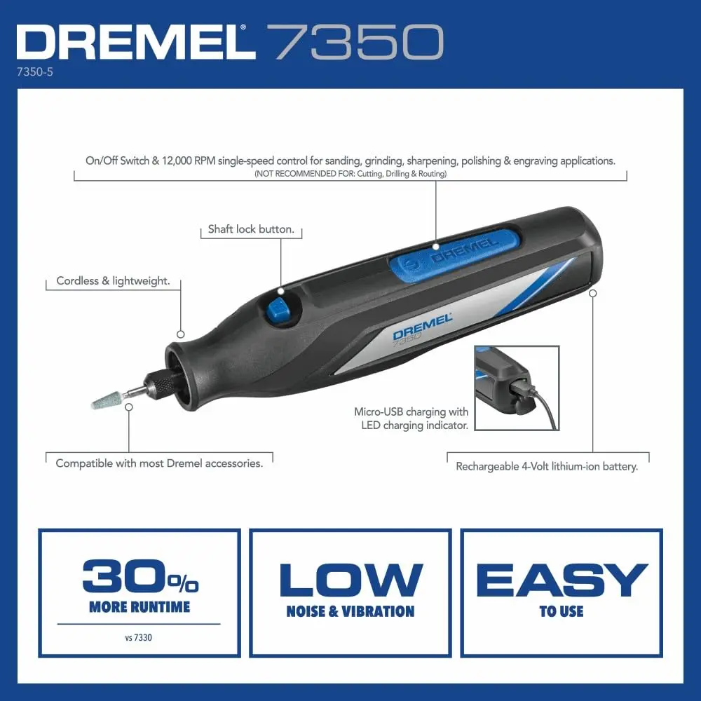 Dremel 7350 4V Cordless Rotary Tool Kit with 5 Accessories, 12000 RPM, USB-C Rechargeable Battery | Lightweight DIY & Crafting Tool - view 4