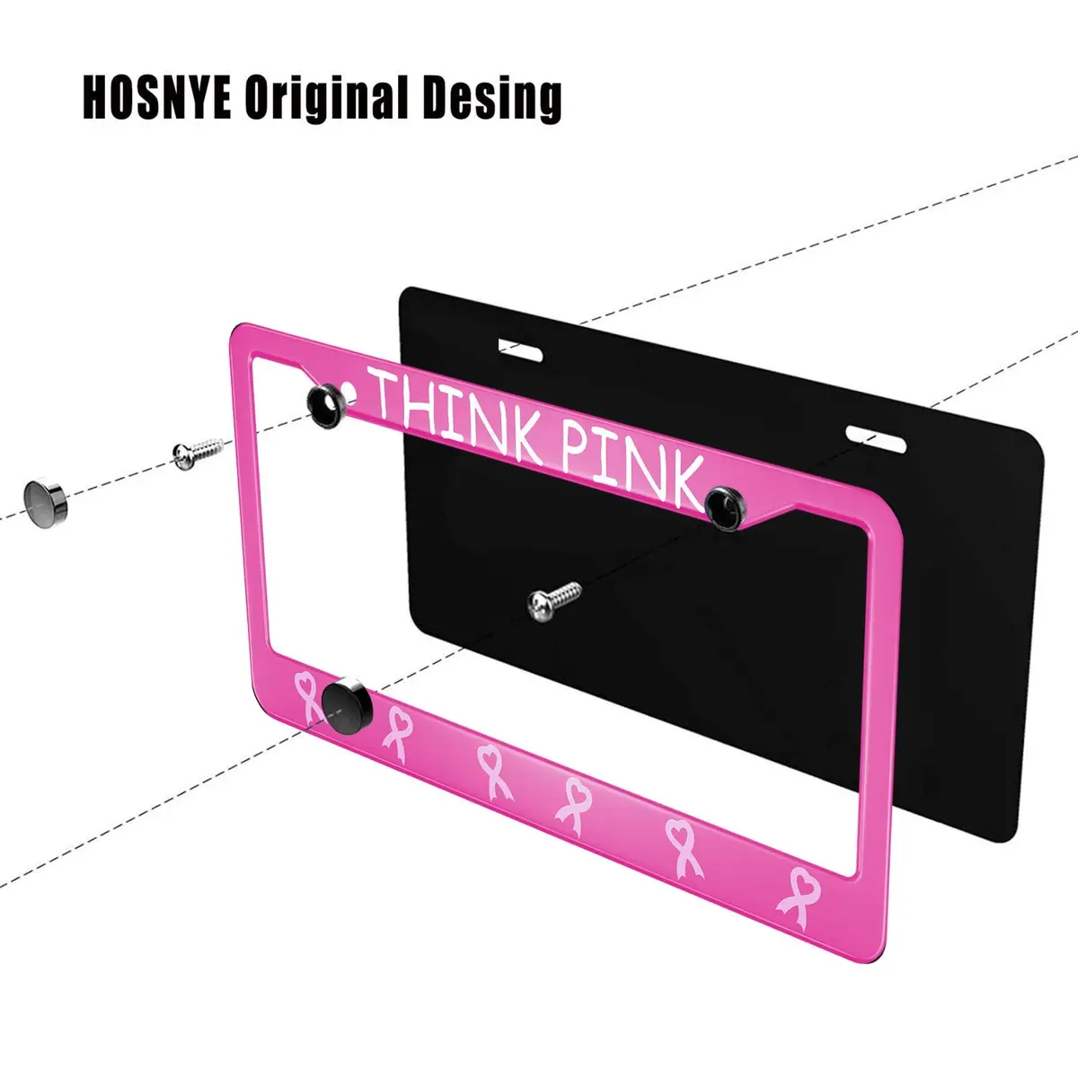 HOSNYE Pink Ribbon License Plate Frame 12x6 Inch | Caring for Women's Health Metal Cover - view 3