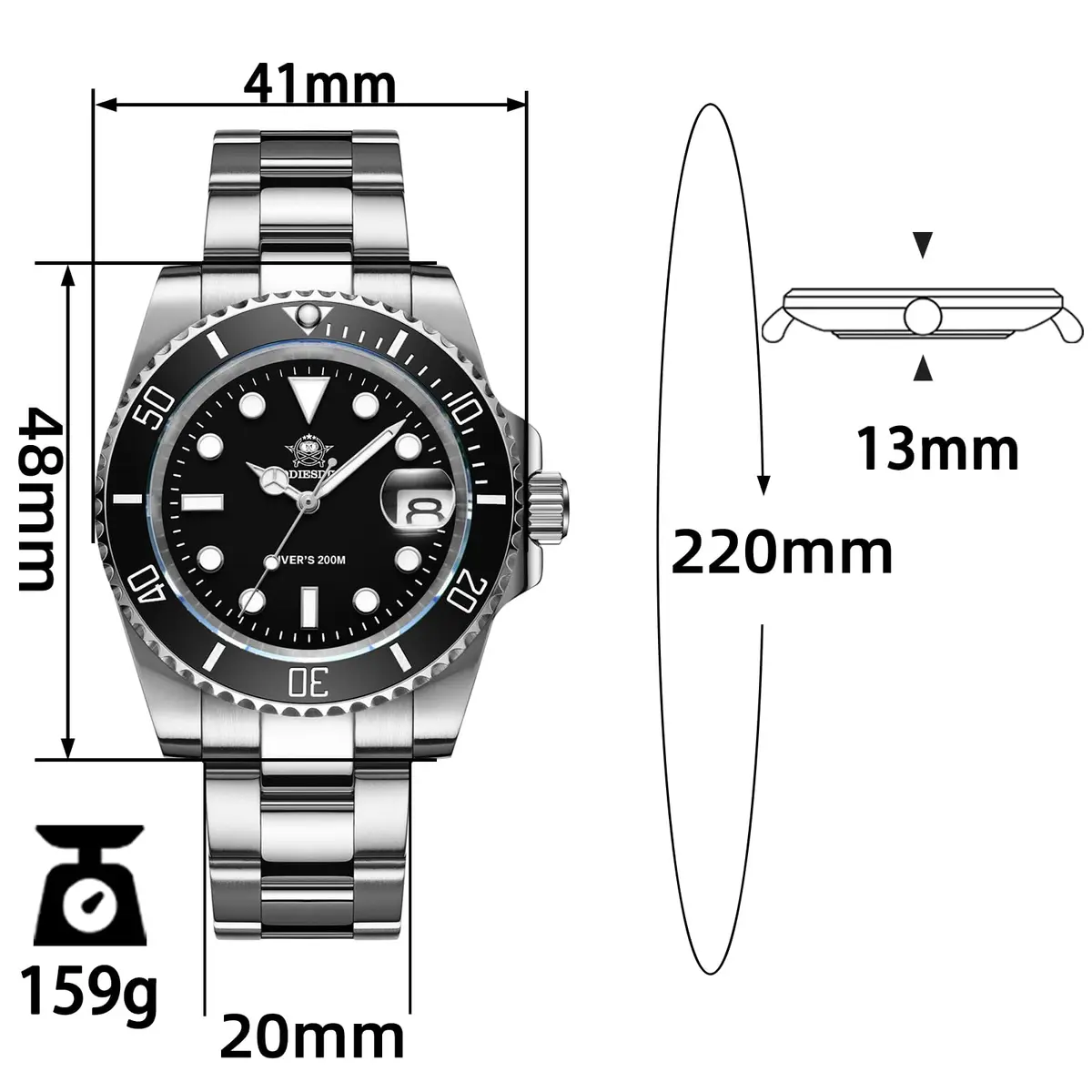 ADDIESDIVE Men's Quartz Dive Watch 41mm Black Dial Stainless Steel | 200M Water Resistant - view 4