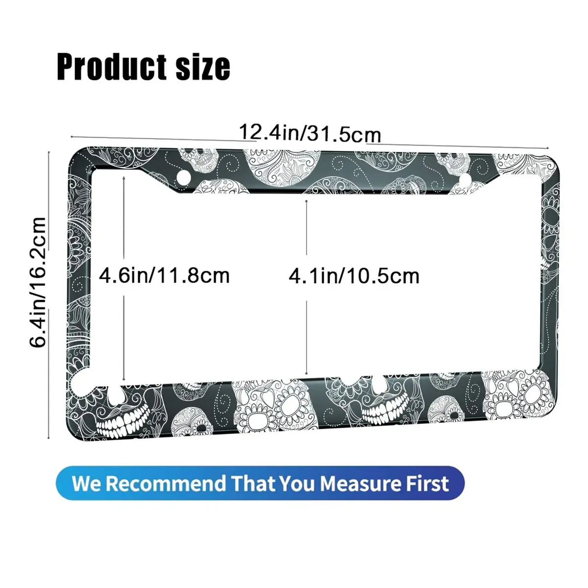 HOSNYE Black and White Sugar Skull License Plate Frame 12x6 Inch | Day of the Dead Car Decor for Women Men - view 2