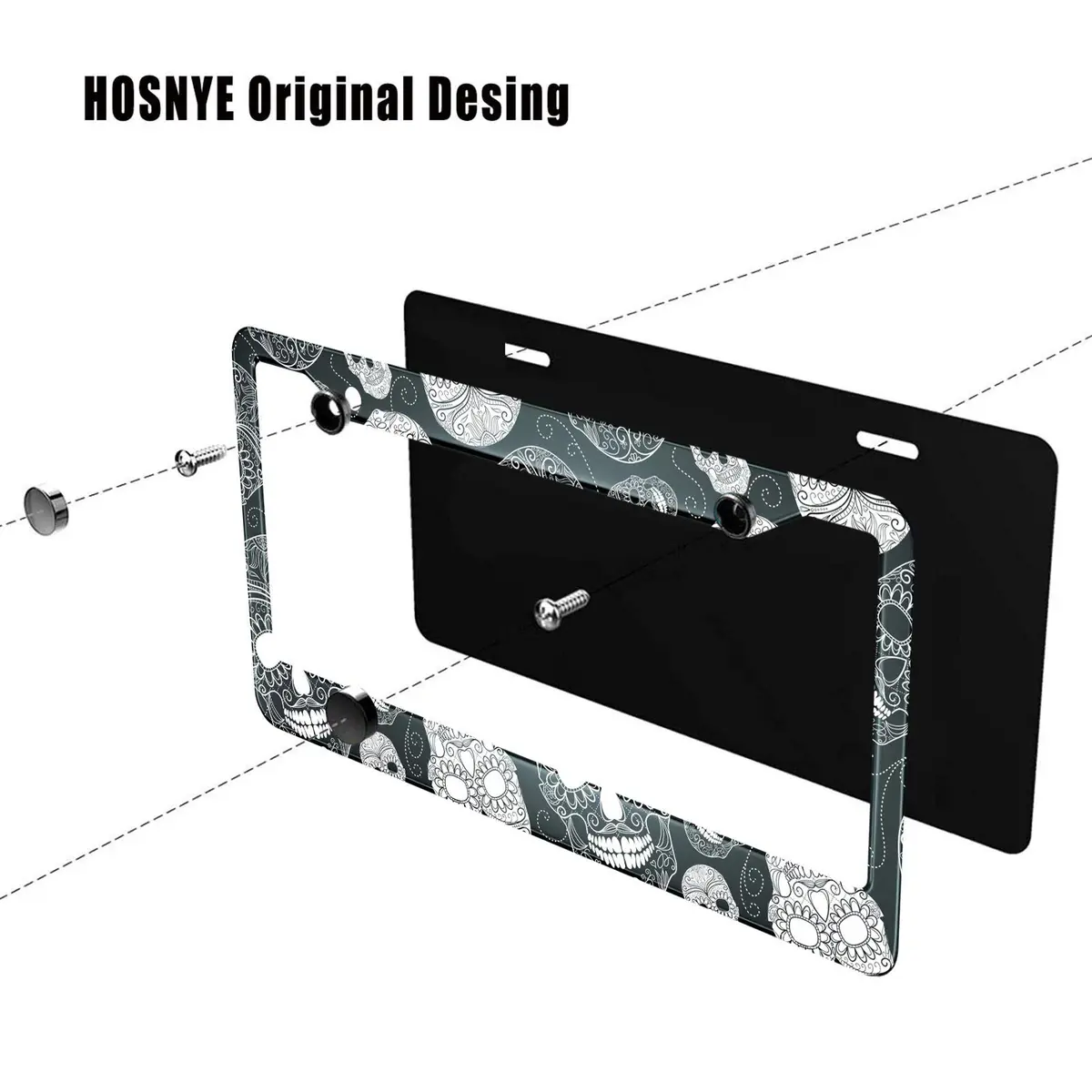 HOSNYE Black and White Sugar Skull License Plate Frame 12x6 Inch | Day of the Dead Car Decor for Women Men - view 3