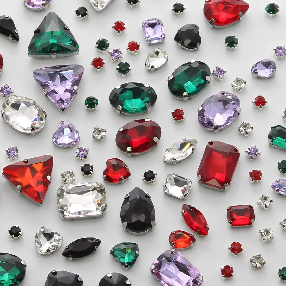 TANOSII Mixed Shapes Glass Sew-On Rhinestones 100 PCS | Crystal Gems with Silver Claw for Jewelry, Crafts, Clothes, Shoes, Costume, Garment (Mixed Colors A) - main product image