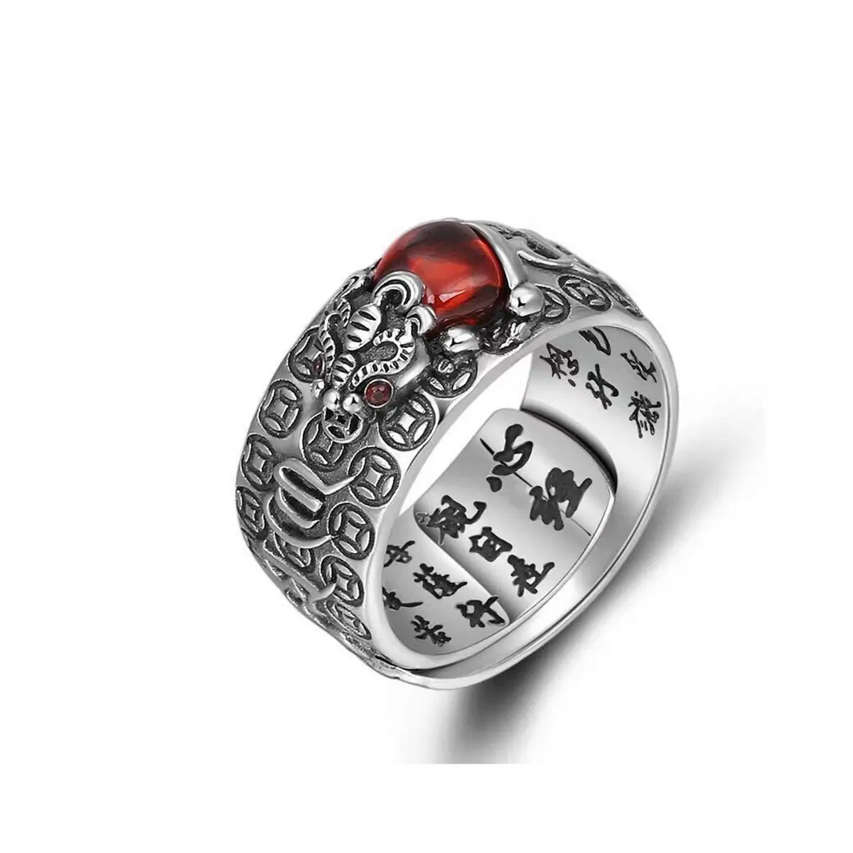 Pingyongchang Red PiXiu Mantra Protection Wealth Ring Adjustable (9mm Width, 1.2mm Thickness) - main product image