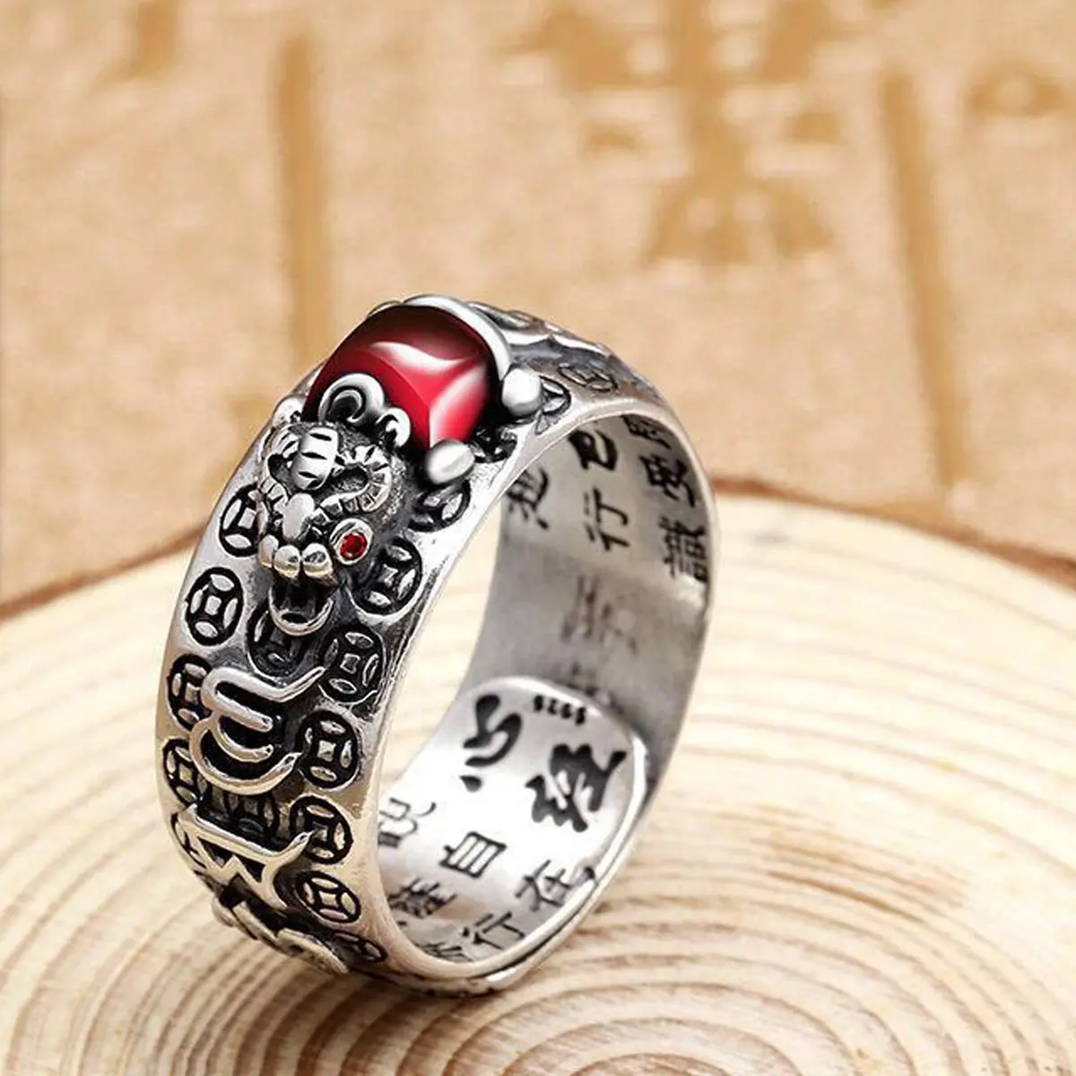 Pingyongchang Red PiXiu Mantra Protection Wealth Ring Adjustable (9mm Width, 1.2mm Thickness) - view 2