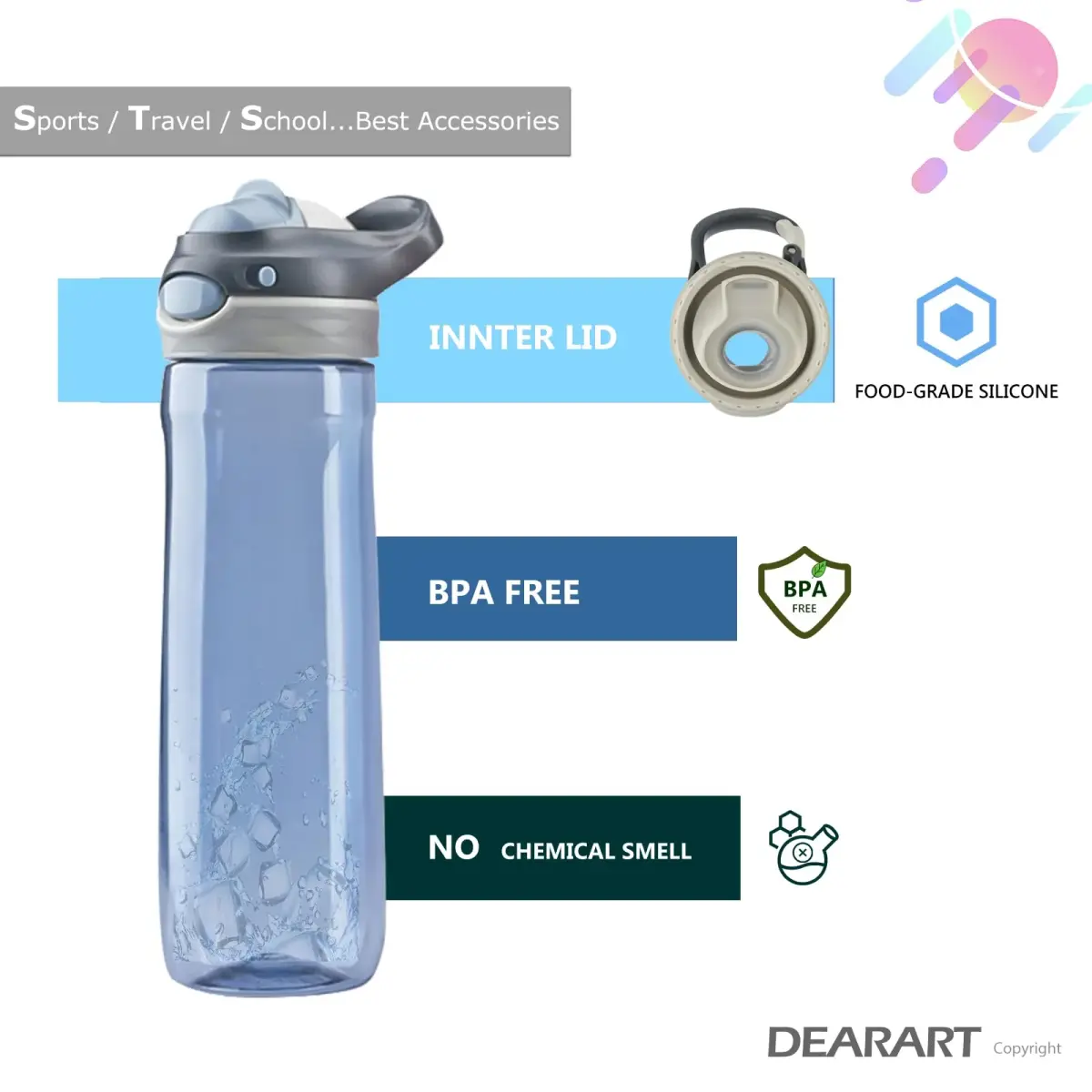 DEARART 750ml (25.4oz) Grey Water Bottle with Hidden No Straw Flip Top | Leakproof Lock Button Handle - view 2