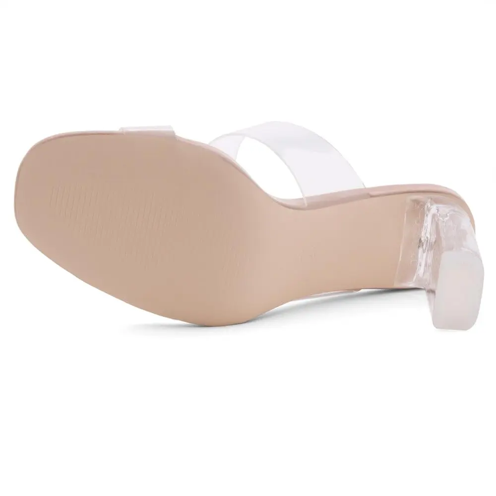 Shoe Land Clear Heels for Women, Transparent Two Strap Chunky Block High Heel Mules, Size 9 | Modern Dressy Sandals - view 6