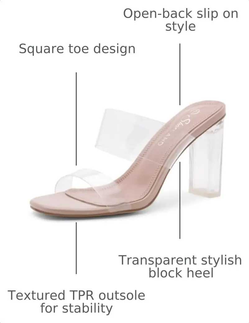Shoe Land Clear Heels for Women, Transparent Two Strap Chunky Block High Heel Mules, Size 8.5 | Slip-On Square Toe Dressy Sandals - view 3