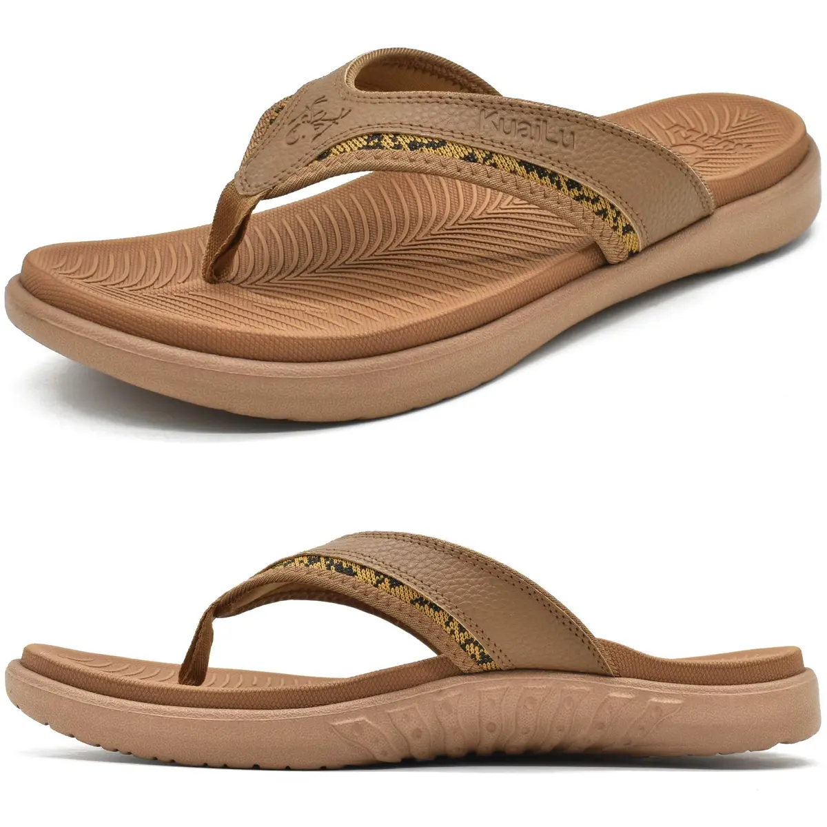 KuaiLu Mens Leather Sport Flip Flops Comfort Orthotic Thong Sandals with Plantar Fasciitis Arch Support for Outdoor Summer | Orthotic Arch Support - main product image