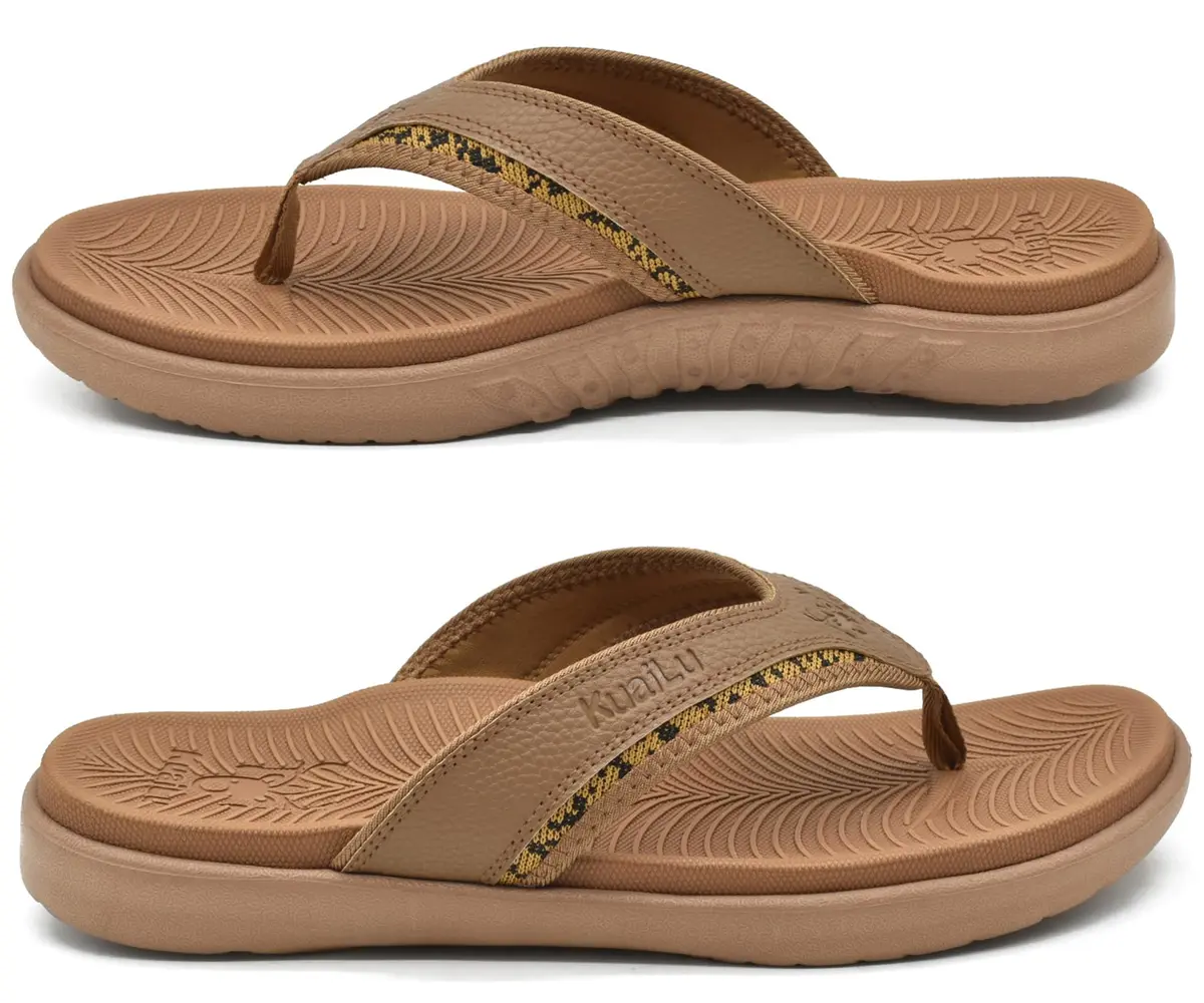 KuaiLu Mens Leather Sport Flip Flops Comfort Orthotic Thong Sandals with Plantar Fasciitis Arch Support for Outdoor Summer | Orthotic Arch Support - view 8