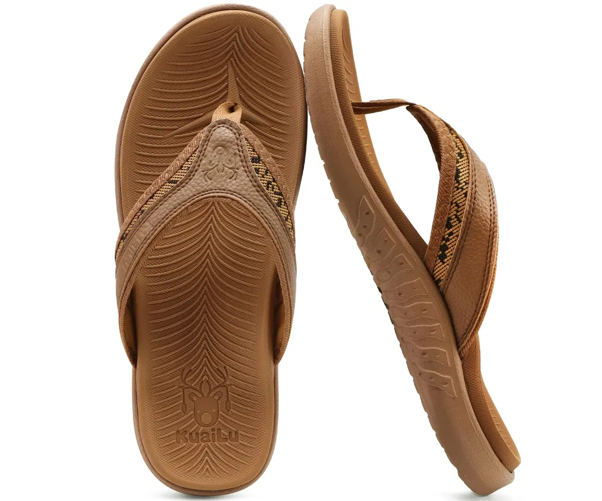 KuaiLu Mens Leather Sport Flip Flops Comfort Orthotic Thong Sandals with Plantar Fasciitis Arch Support for Outdoor Summer | Orthotic Arch Support - view 3