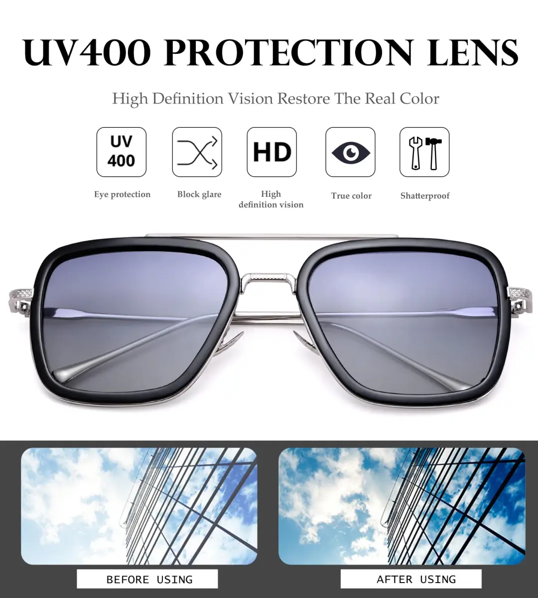 NULOOQ Tony Stark Polarized Sunglasses for Men & Women | Vintage Aviator Square Metal Frame (Silver/Gradient Gray) - view 5