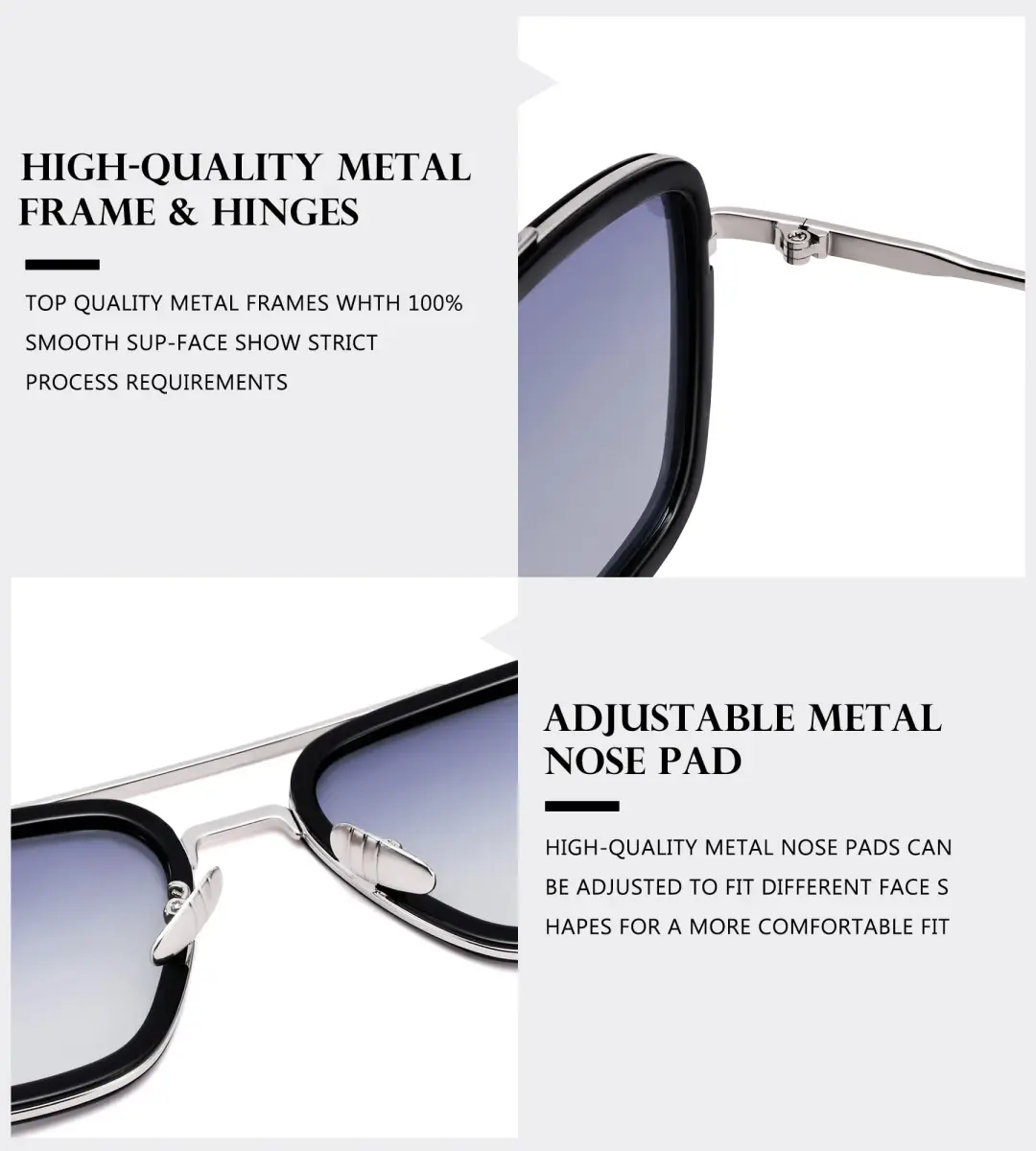 NULOOQ Tony Stark Polarized Sunglasses for Men & Women | Vintage Aviator Square Metal Frame (Silver/Gradient Gray) - view 6