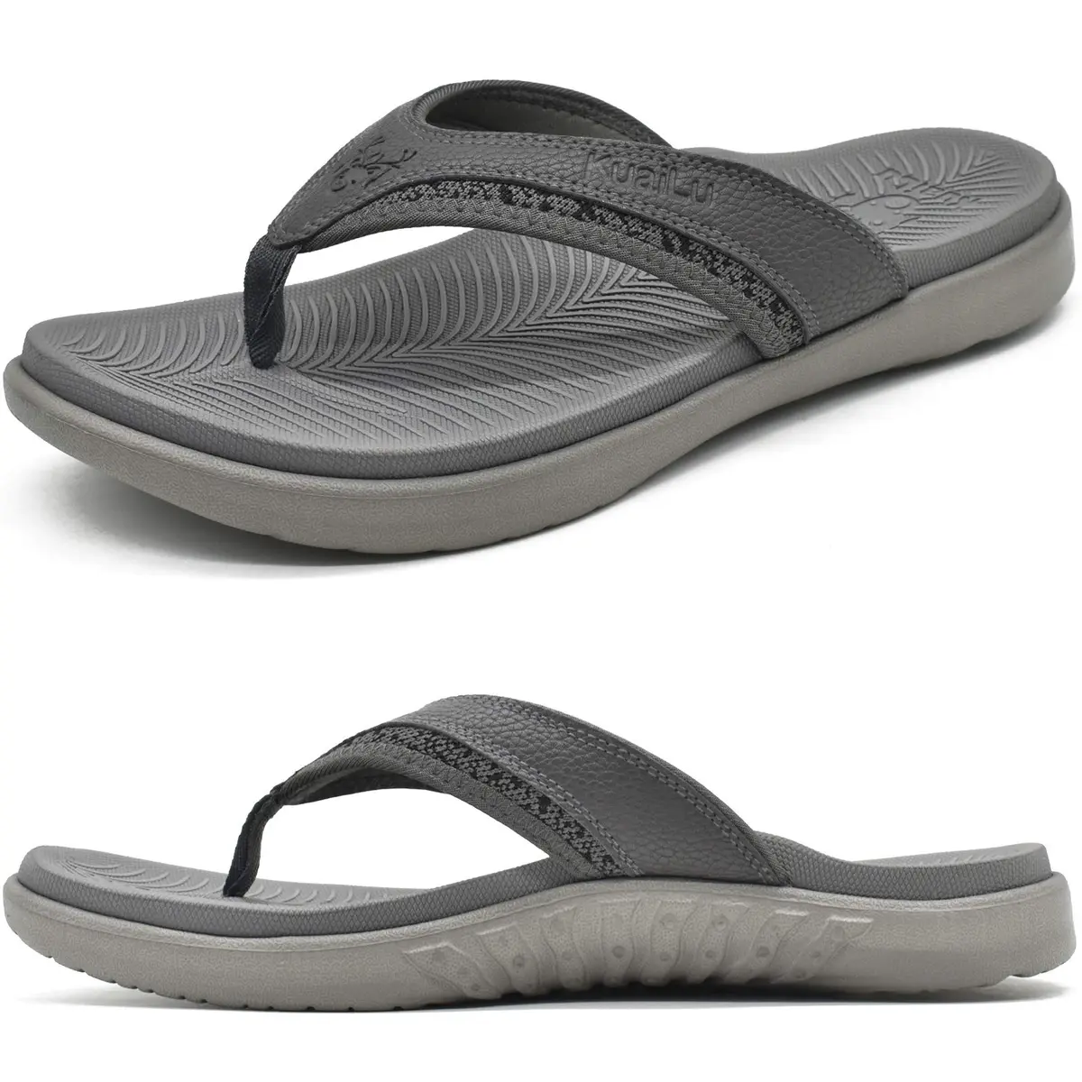 KuaiLu Men's Leather Flip Flops Orthotic Thong Sandals With Arch Support - Grey US 12 (27.5 cm) - main product image