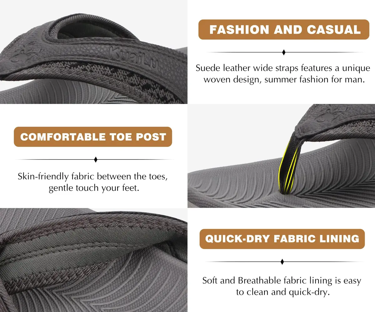 KuaiLu Men's Leather Flip Flops Orthotic Thong Sandals With Arch Support - Grey US 12 (27.5 cm) - view 7