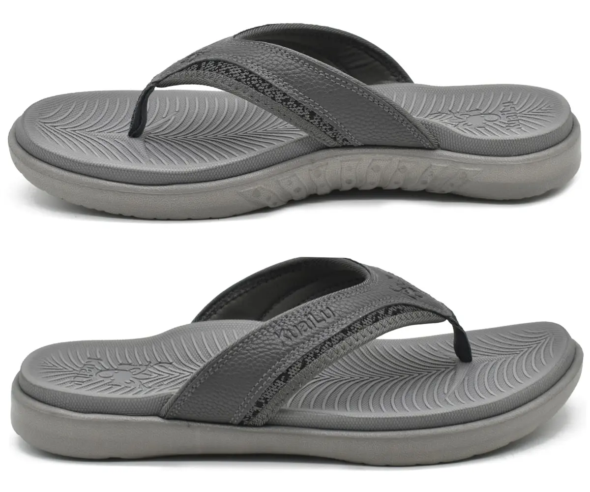 KuaiLu Men's Leather Flip Flops Orthotic Thong Sandals With Arch Support - Grey US 12 (27.5 cm) - view 9