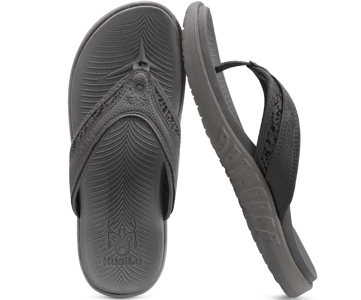 KuaiLu Men's Leather Flip Flops Orthotic Thong Sandals With Arch Support - Grey US 12 (27.5 cm) - view 3