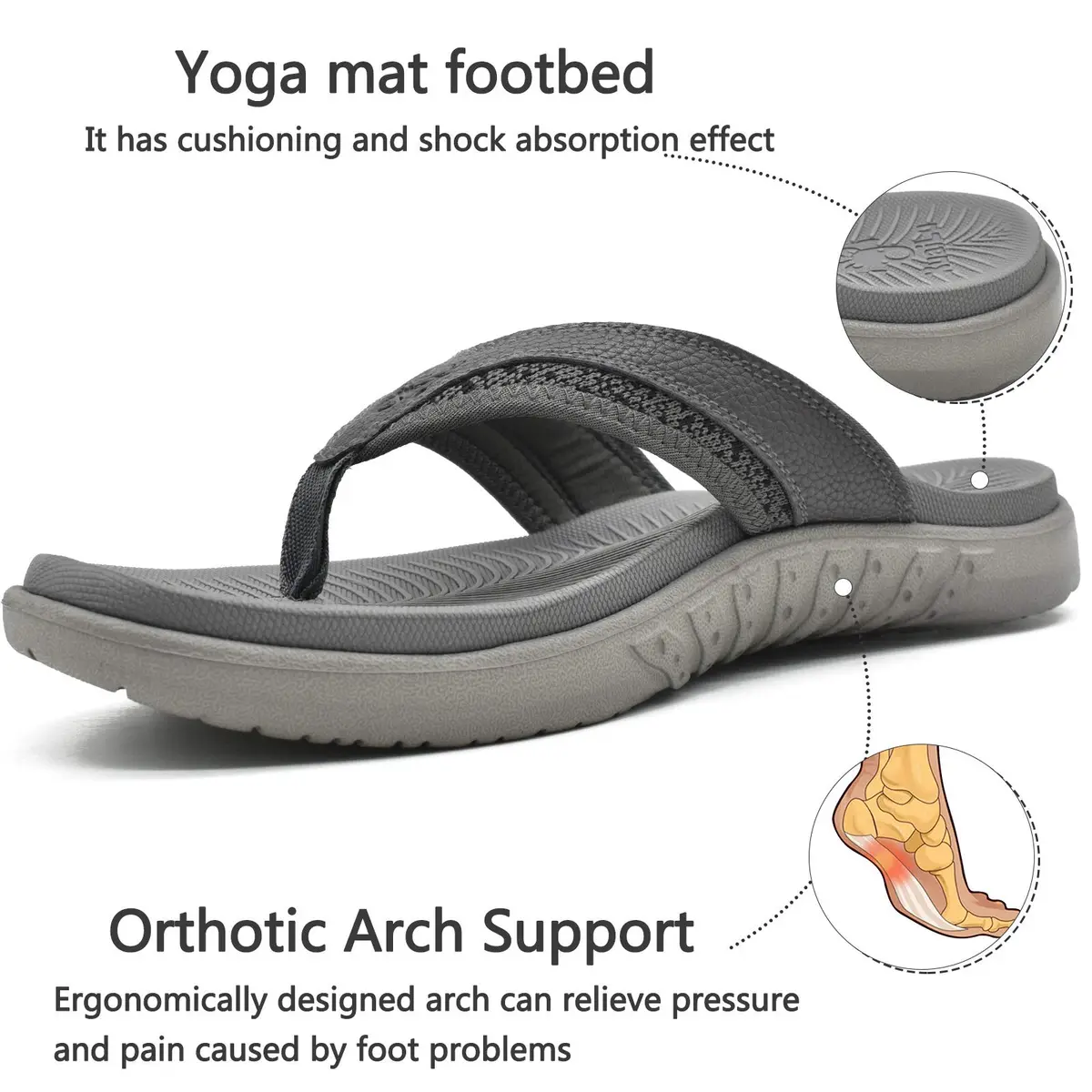KuaiLu Men's Leather Flip Flops Orthotic Thong Sandals With Arch Support - Grey US 12 (27.5 cm) - view 4