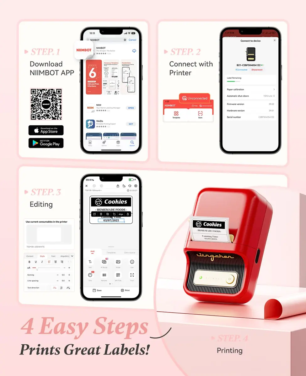 NIIMBOT B21 Label Printer Red | Bluetooth Thermal Label Maker with 230pcs 50x30mm Labels - view 8