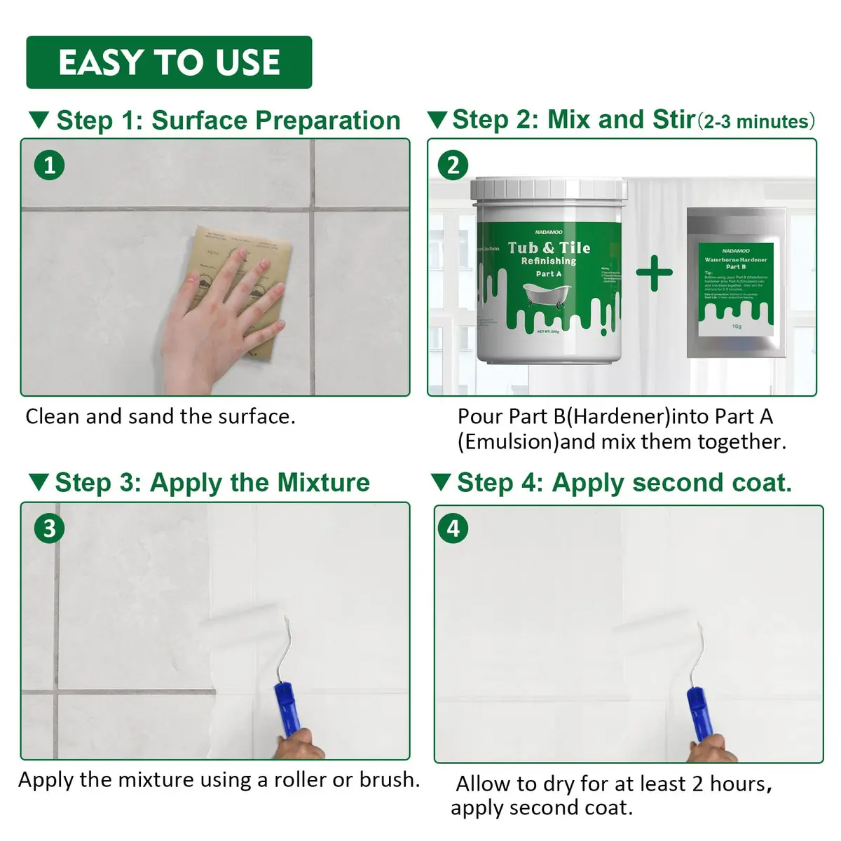 NADAMOO White Tub and Tile Refinishing Kit 500g (17.5 Fl Oz) | Semi-Matte Finish for Ceramic, Porcelain, Fiberglass - view 2