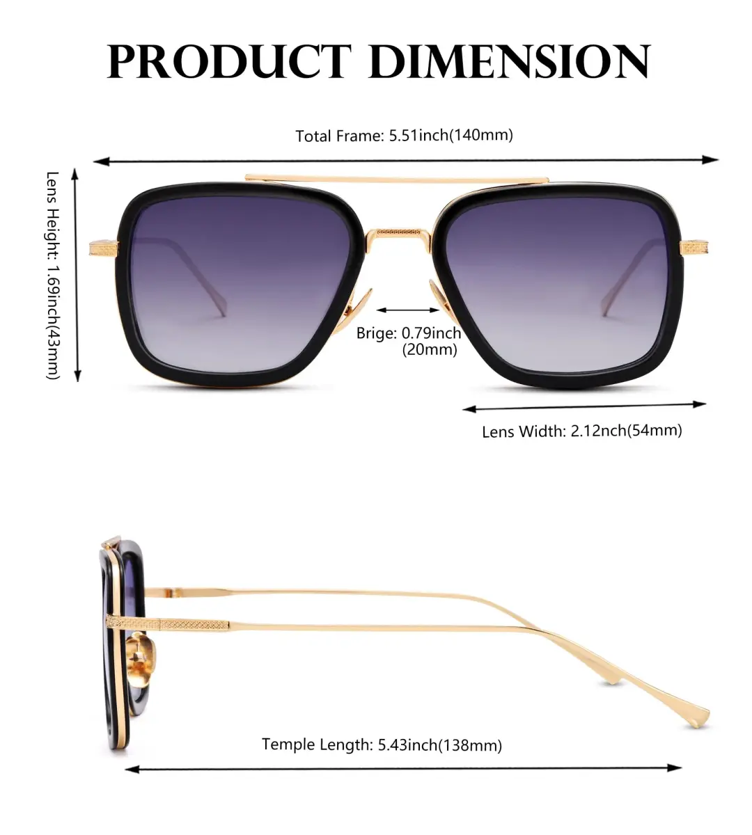 NULOOQ Tony Stark Aviator Sunglasses - Gold/Gradient Gray Polarized Metal Frame - view 4