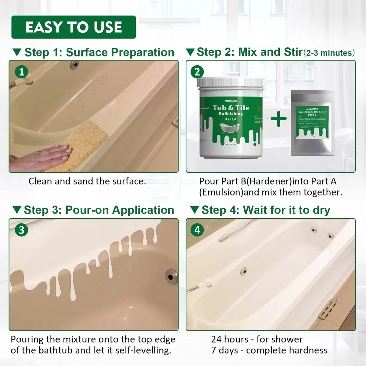 NADAMOO Tub and Tile Refinishing Kit 1kg | Semi-Gloss White for Bathroom & Kitchen - view 7