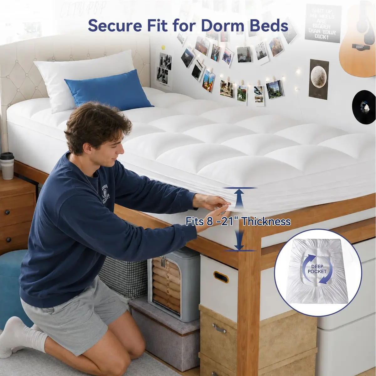 ELEMUSE Twin XL Mattress Topper for College Dorm, Thick Pillow Top Bed Pad | Comfort Upgrade for Dorm Beds - view 4