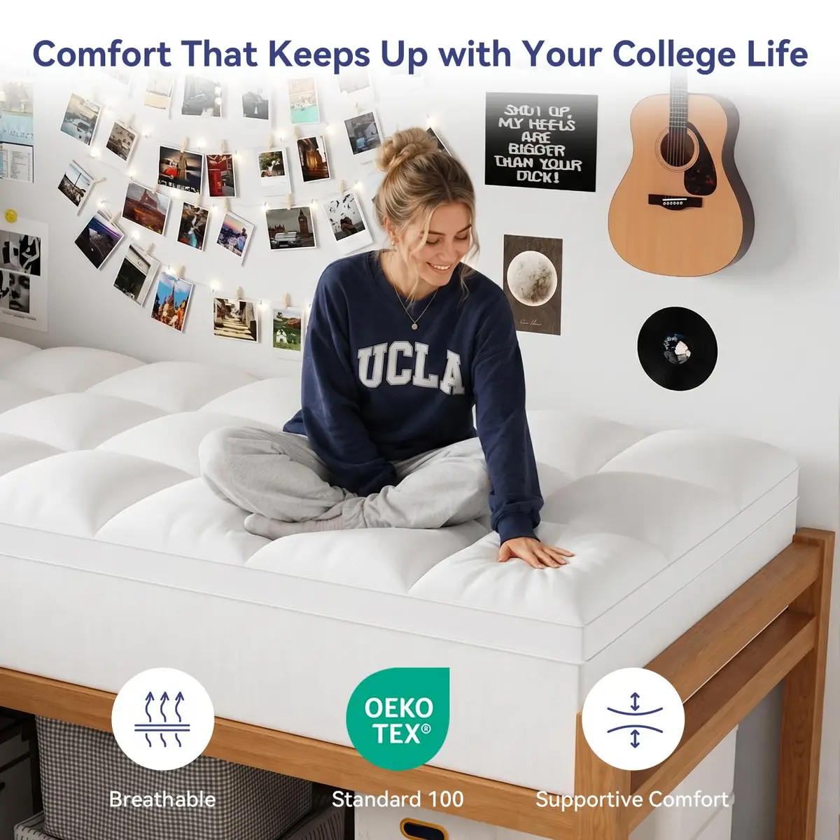 ELEMUSE Twin XL Mattress Topper for College Dorm, Thick Pillow Top Bed Pad | Comfort Upgrade for Dorm Beds - view 3